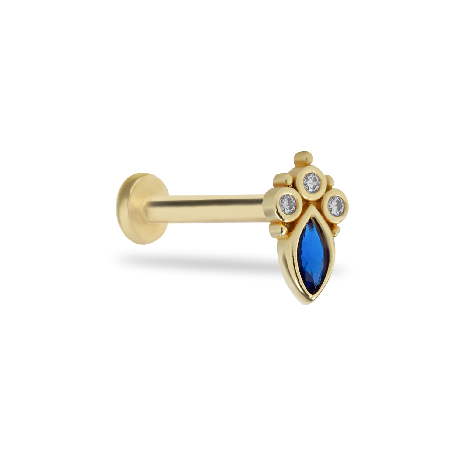 Marquis stud piercing earring with blue & clear zircons - 14K Solid Yellow Gold