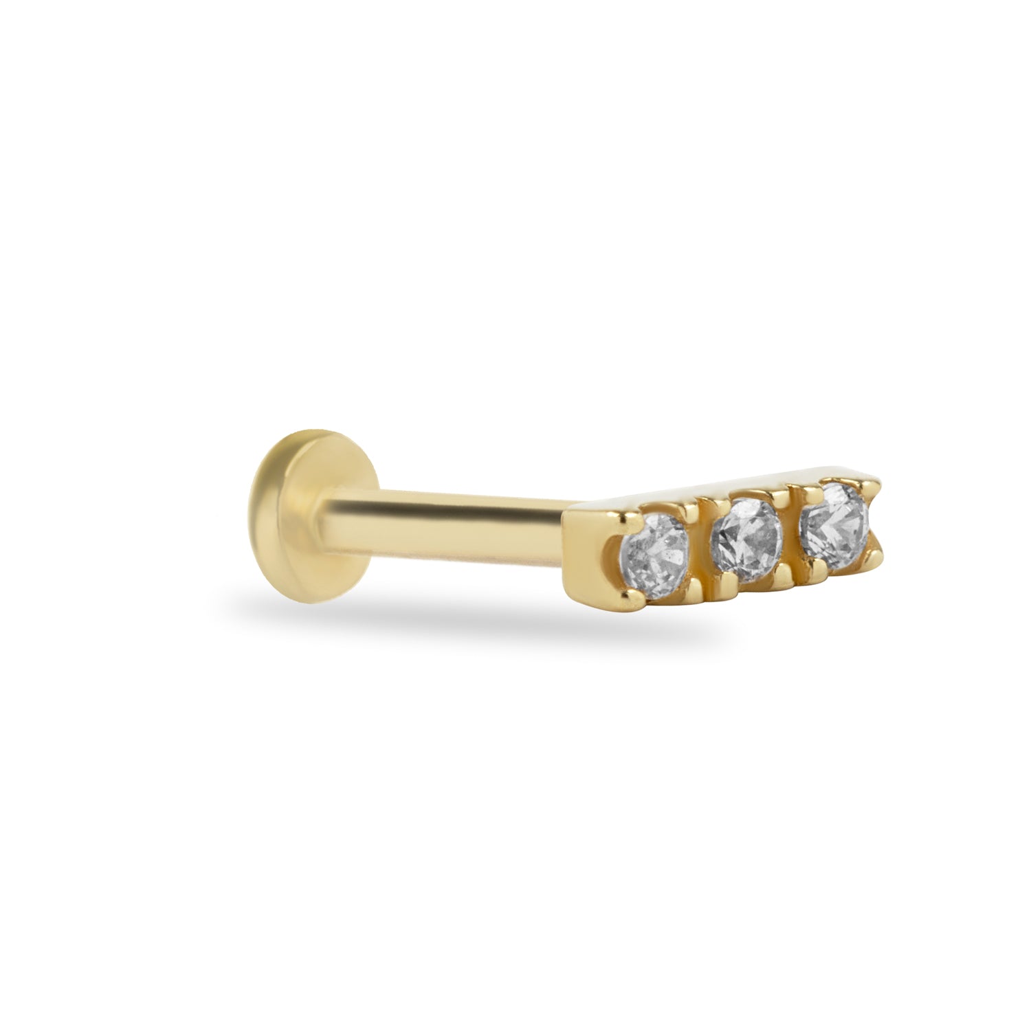 stud piercing earring with clear zircons - 14K Solid Yellow Gold