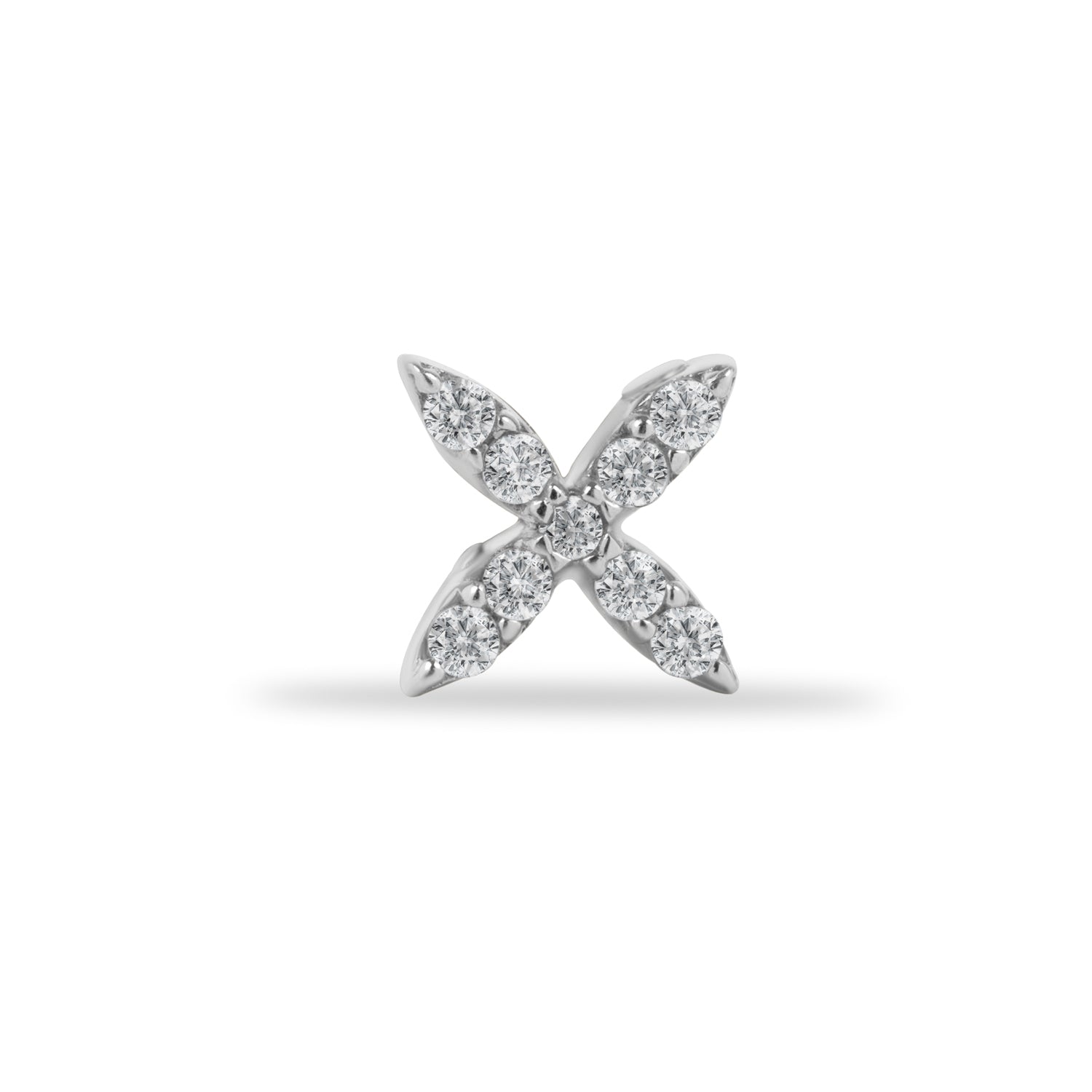 X stud piercing earring with clear zircons - 14K Solid White Gold