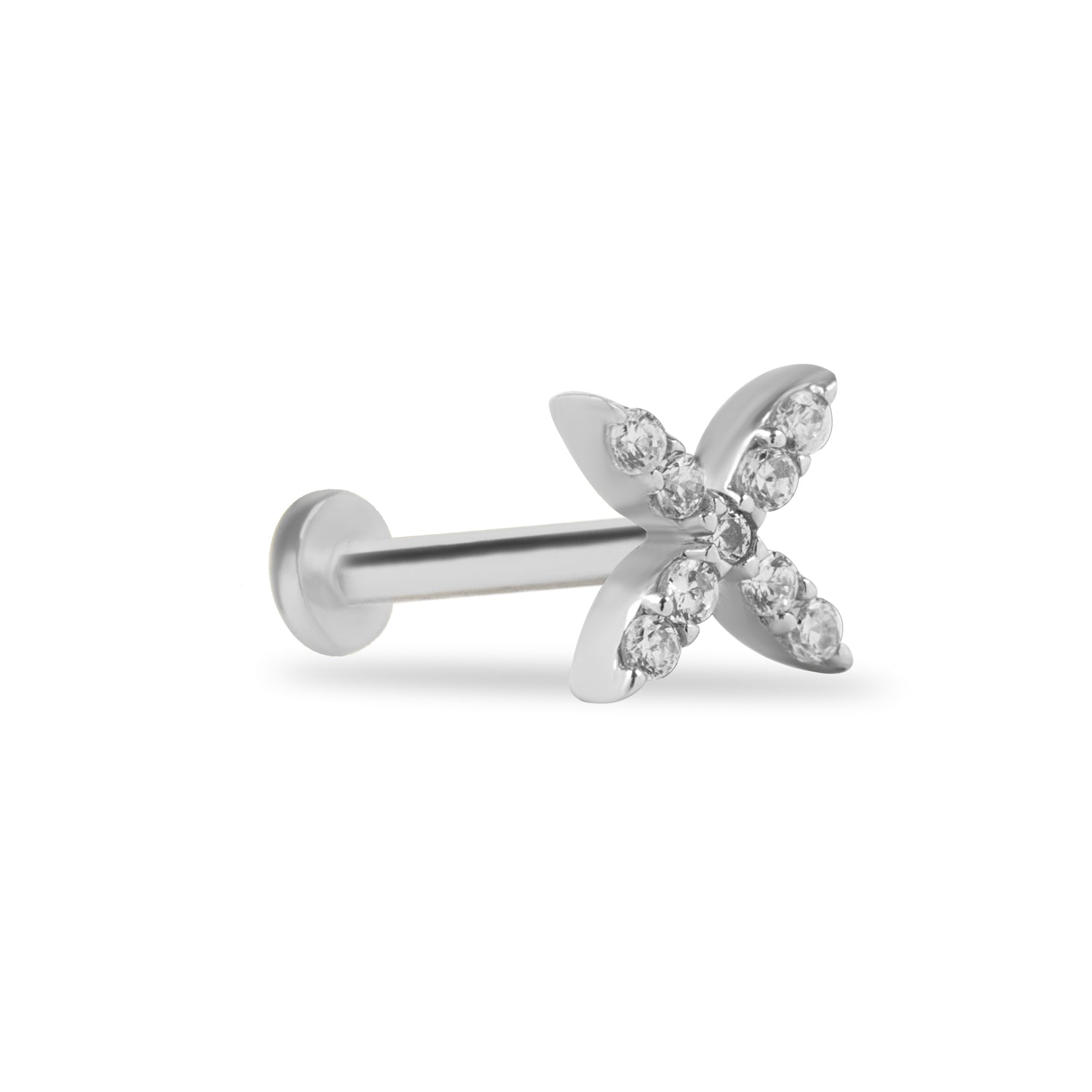 X stud piercing earring with clear zircons - 14K Solid White Gold