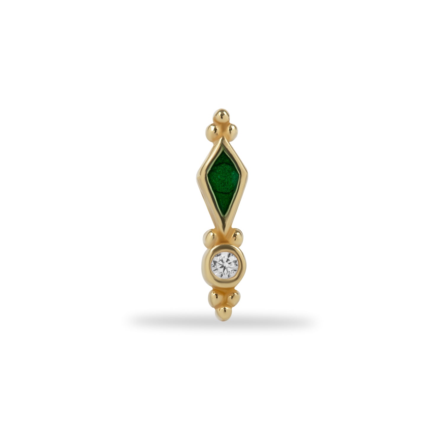 Stud piercing earring with green enamel and clear zircon - 14K Solid Yellow Gold