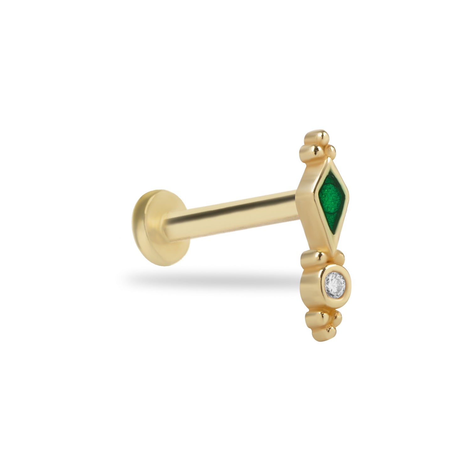 Stud piercing earring with green enamel and clear zircon - 14K Solid Yellow Gold