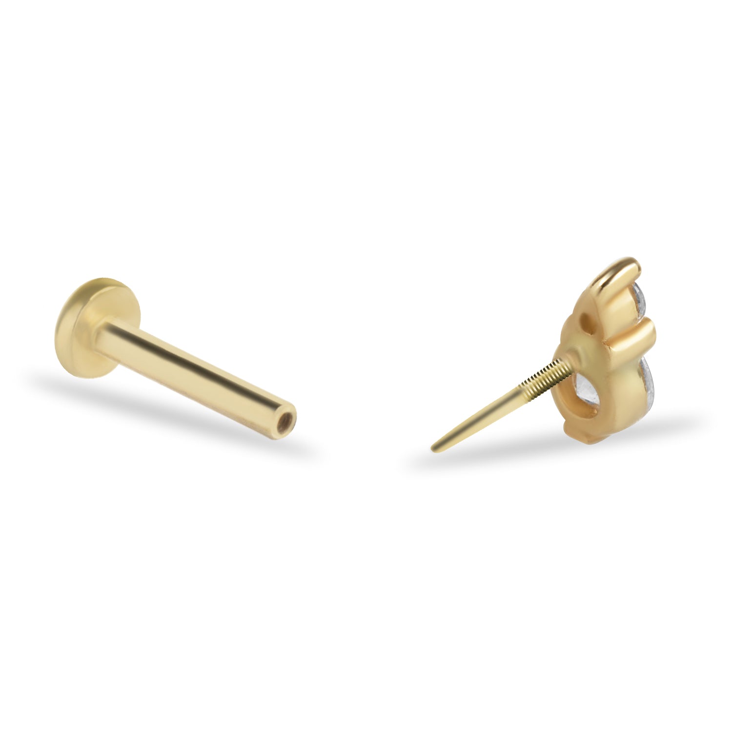 Stud piercing earring with clear zircons - 14K Solid Yellow Gold