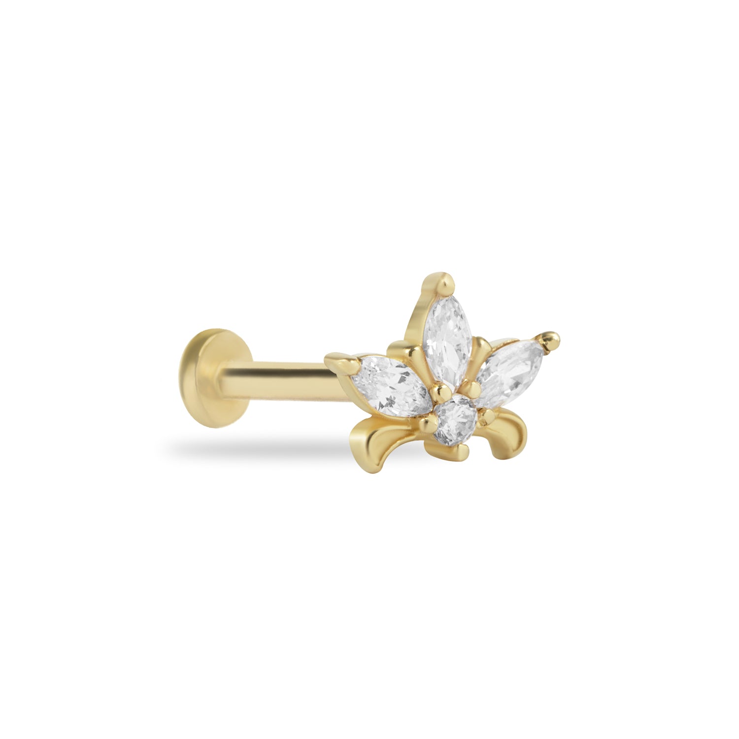 Lotus stud piercing earring with clear zircons - 14K Solid Yellow Gold