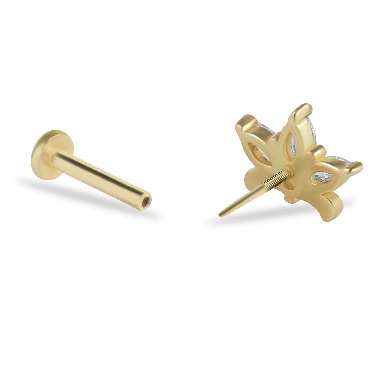 Lotus stud piercing earring with clear zircons - 14K Solid Yellow Gold