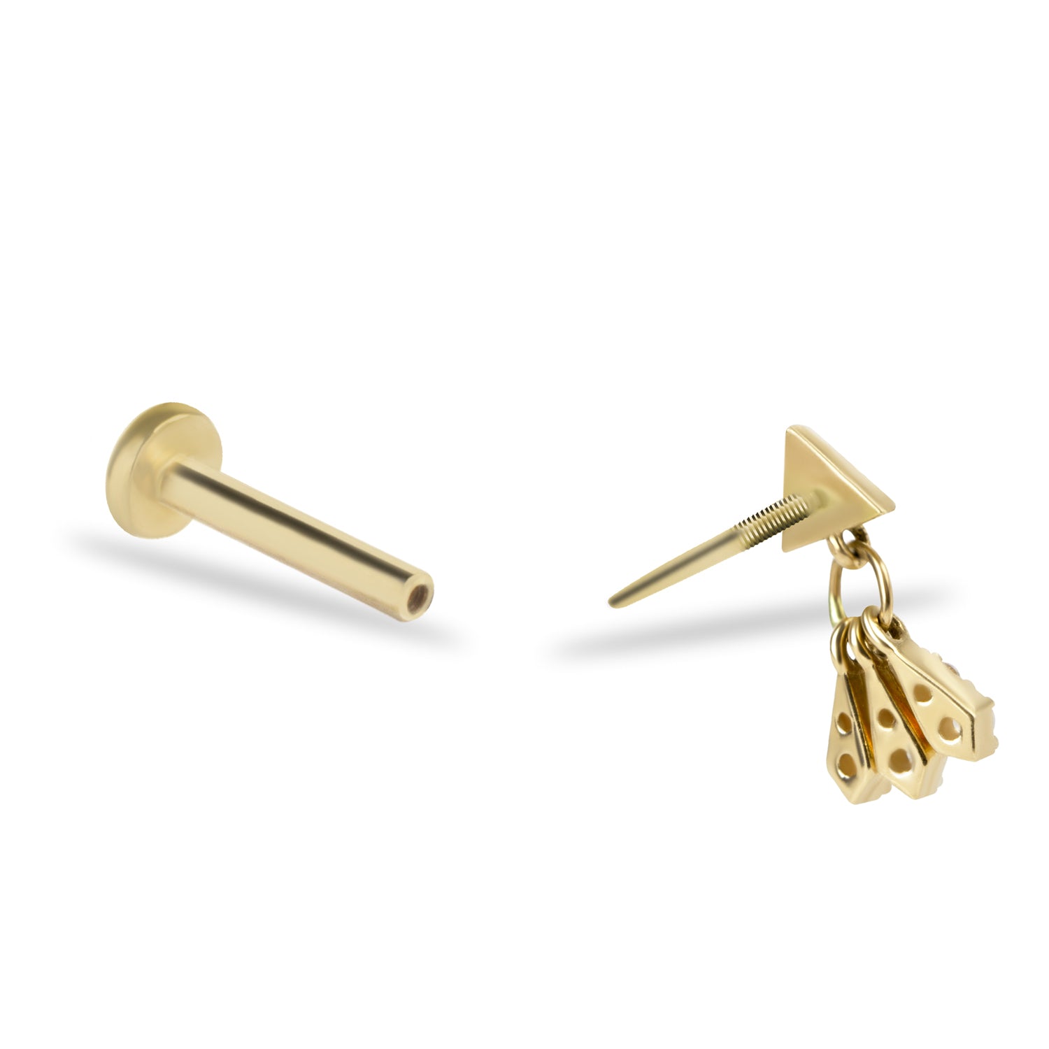 Stud piercing earring with clear pendant zircons - 14K Solid Yellow Gold