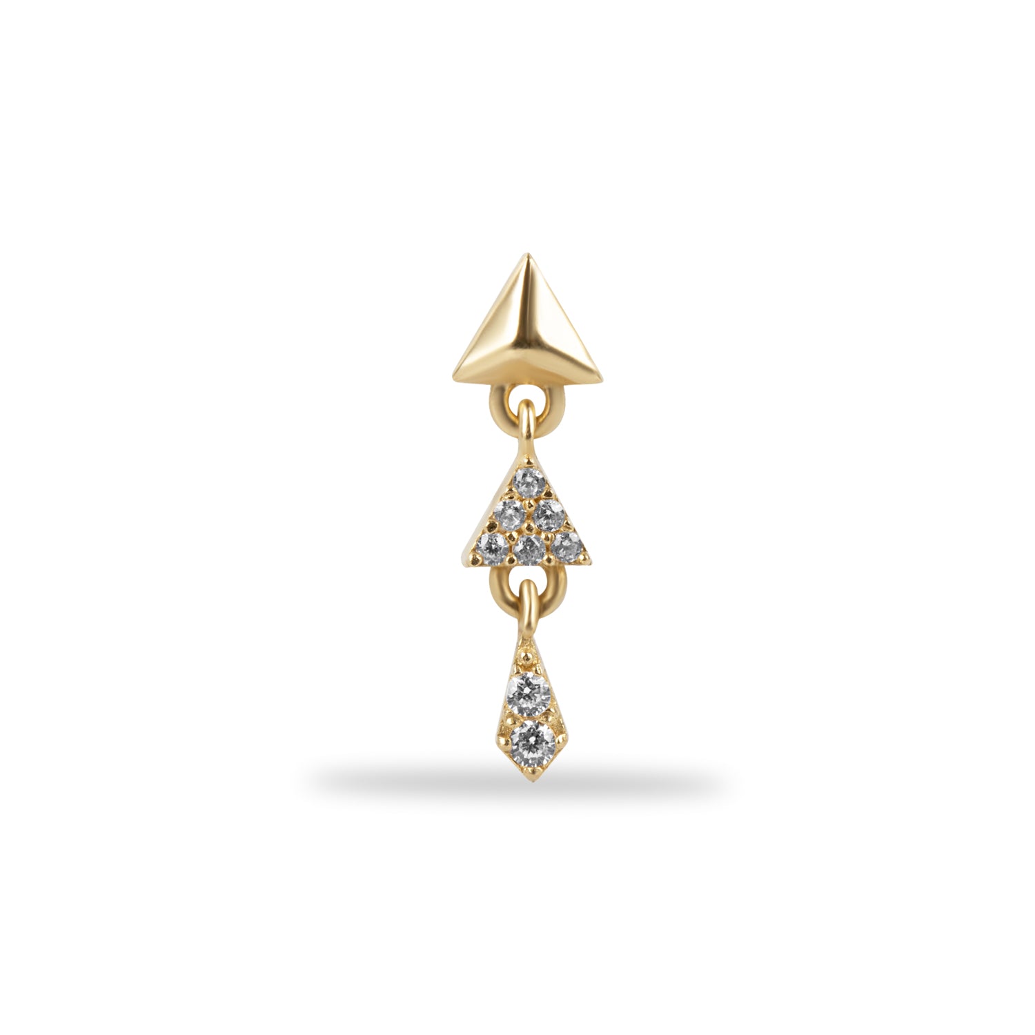 Triangle stud piercing earring with hanging zircons - 14K Solid Yellow Gold