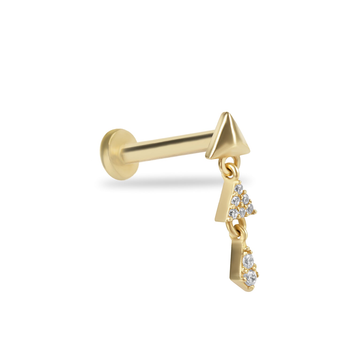 Triangle stud piercing earring with hanging zircons - 14K Solid Yellow Gold