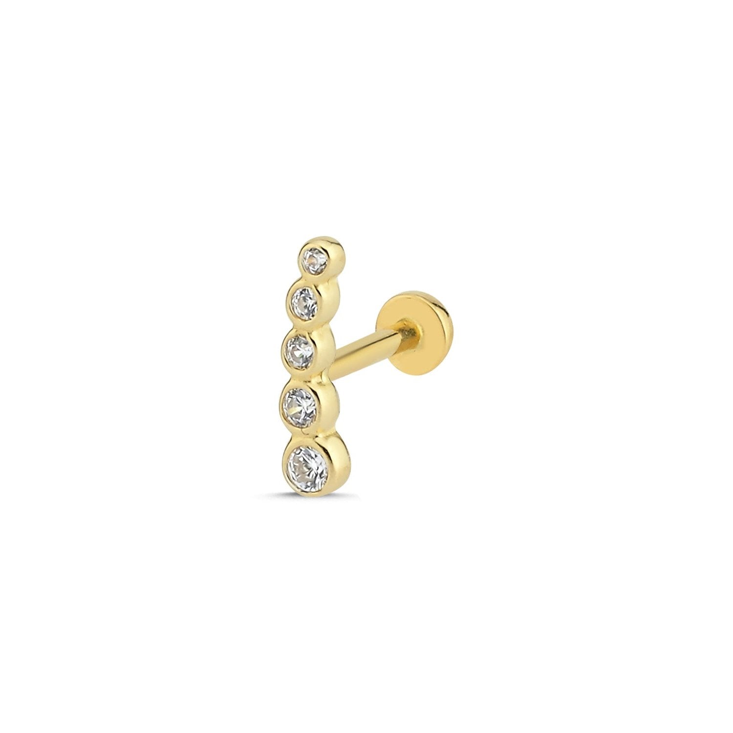 Climber stud piercing earring with clear zircons - 14K Solid Yellow Gold