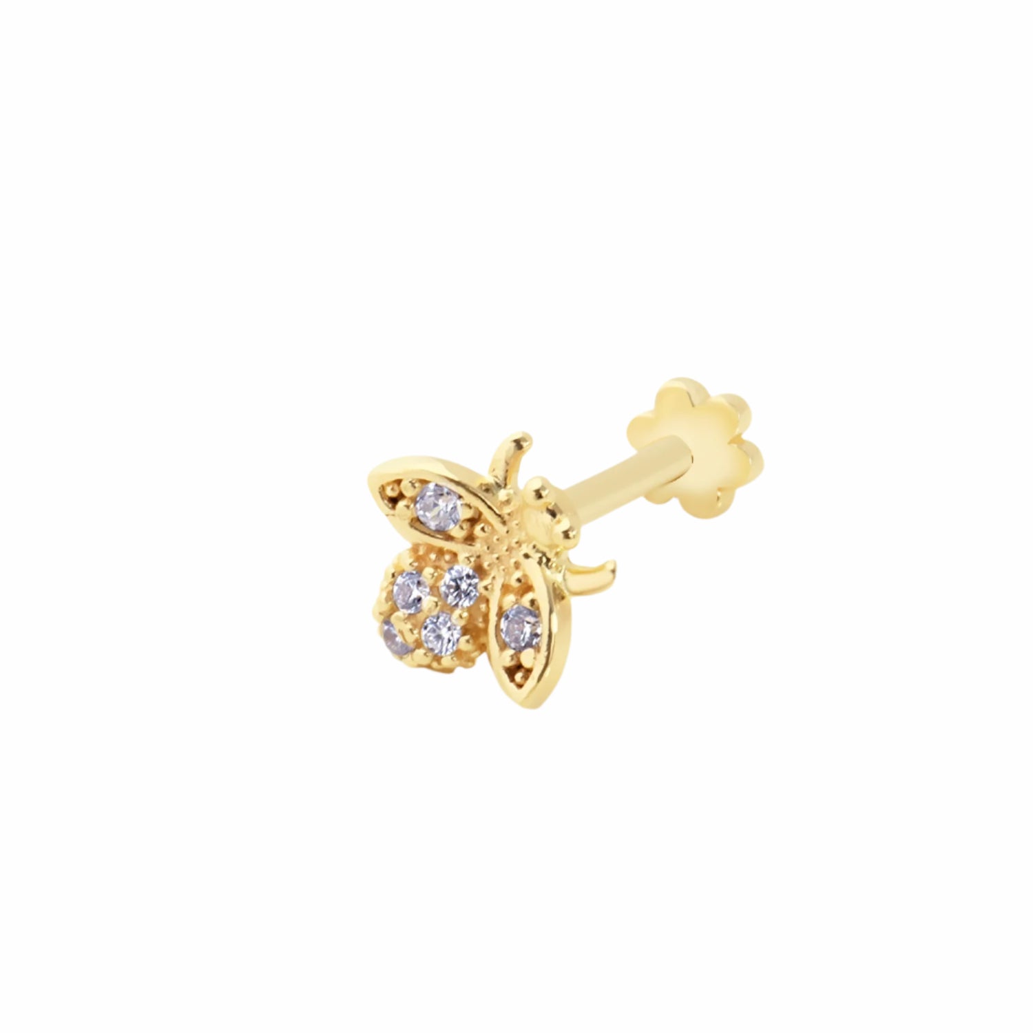 Fly stud piercing earring with clear zircons - 14K Solid Yellow Gold