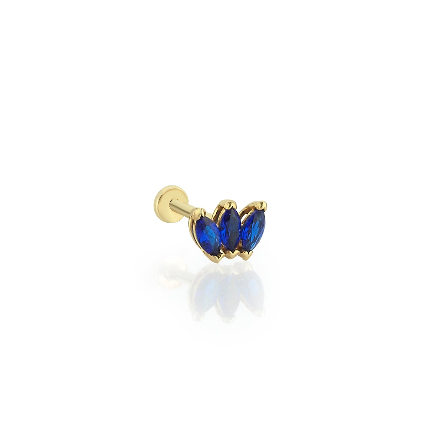 Lotus stud piercing earring with blue zircons - 14K Solid Yellow Gold