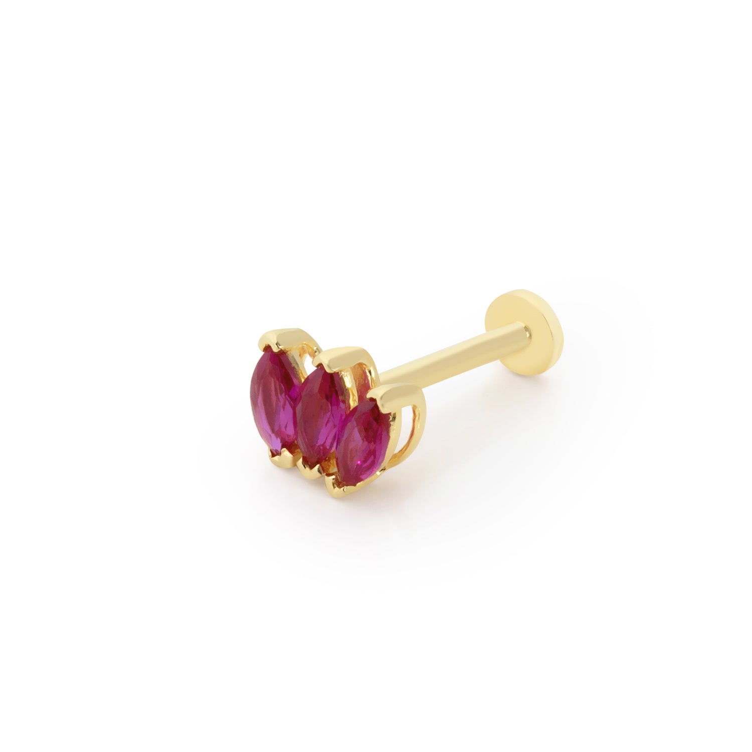 Lotus stud piercing earring with red zircons - 14K Solid Yellow Gold