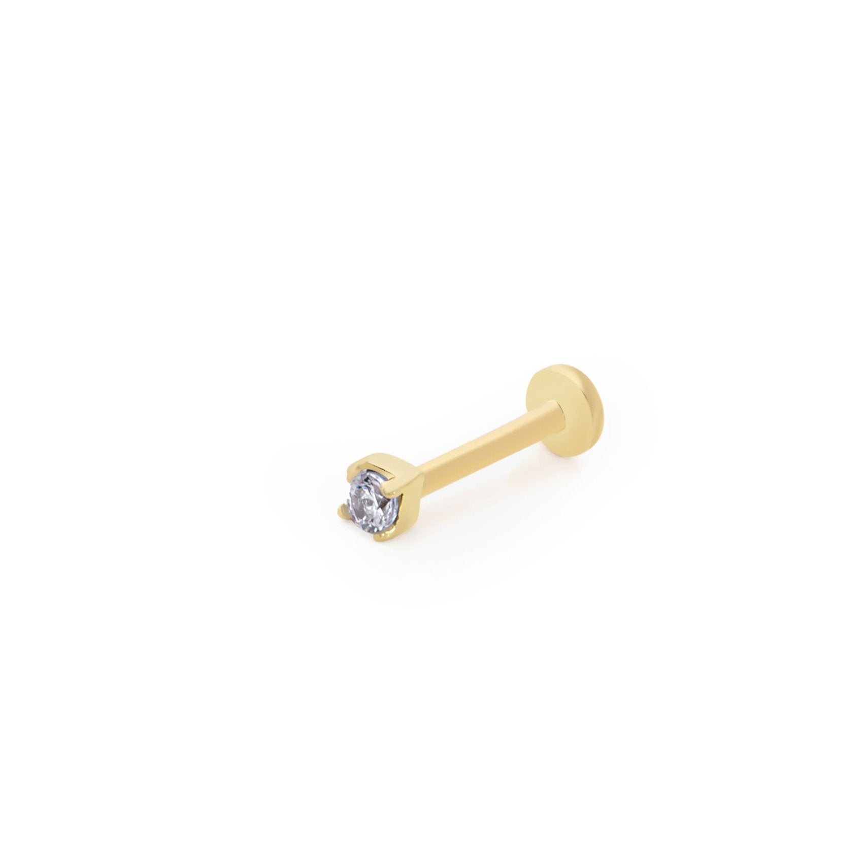 Dot stud piercing earring with clear zircon - 14K Solid Yellow Gold