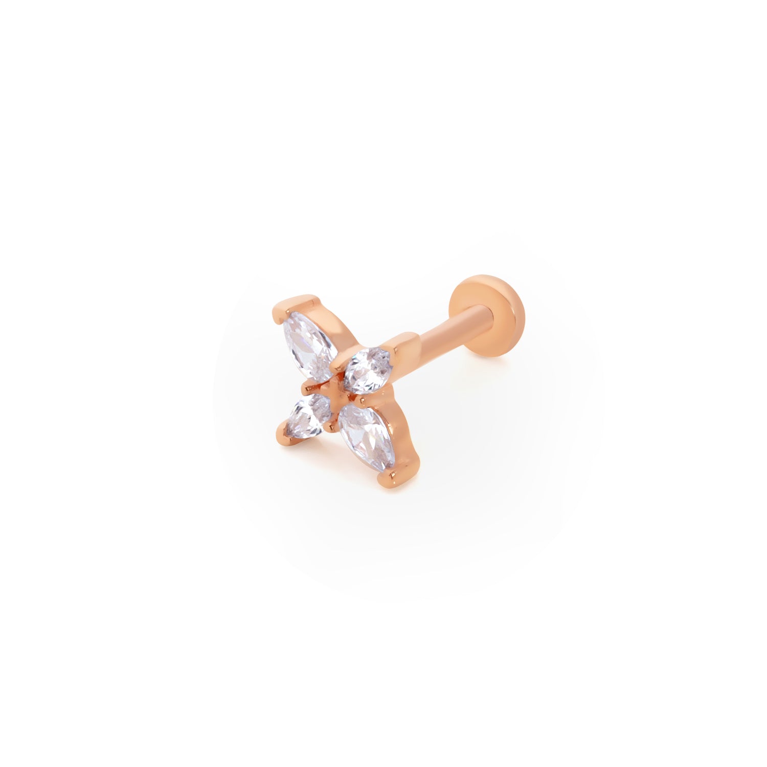 X stud piercing earring with clear zircons - 14K Solid Yellow Gold