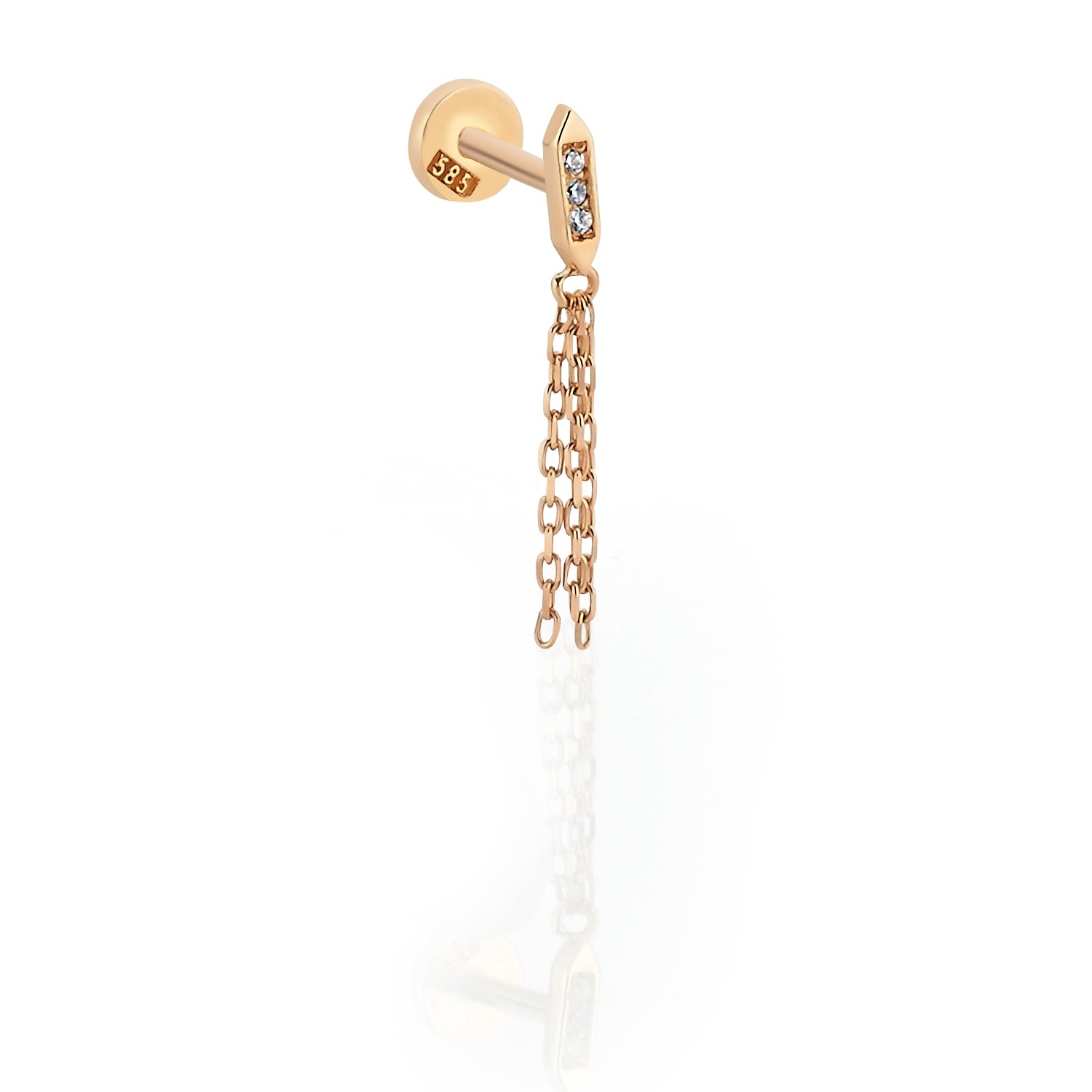 Stud piercing earring with hanging chain& clear zircon- 14K Solid Yellow Gold