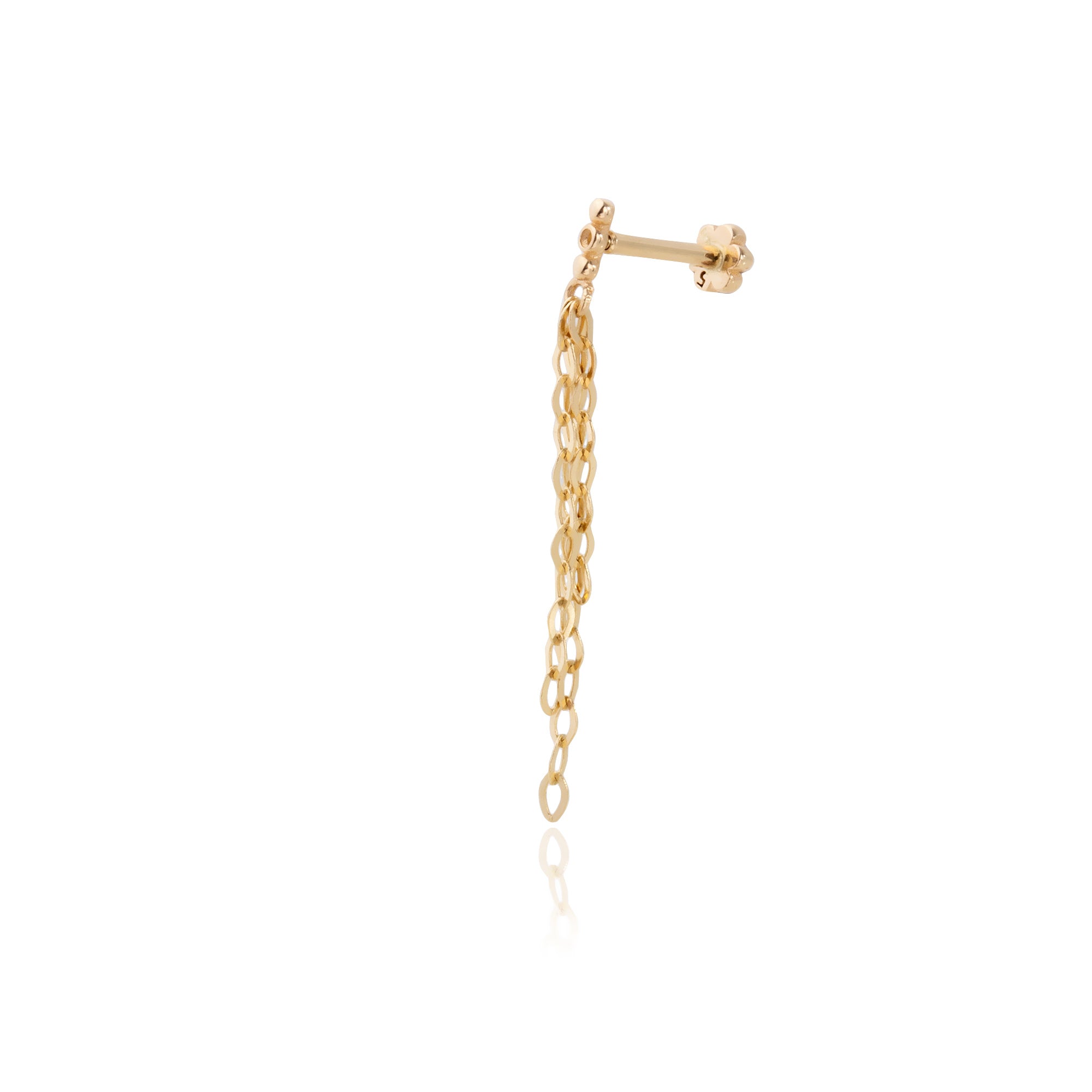 Stud piercing earring with hanging chain & clear zircon - 14K Solid Yellow Gold