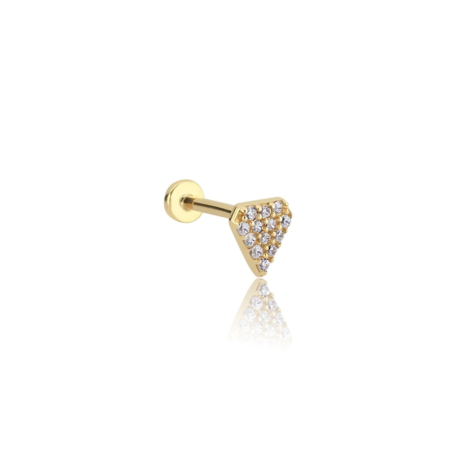 Diamond stud piercing earring with clear zircons - 14K Solid Yellow Gold