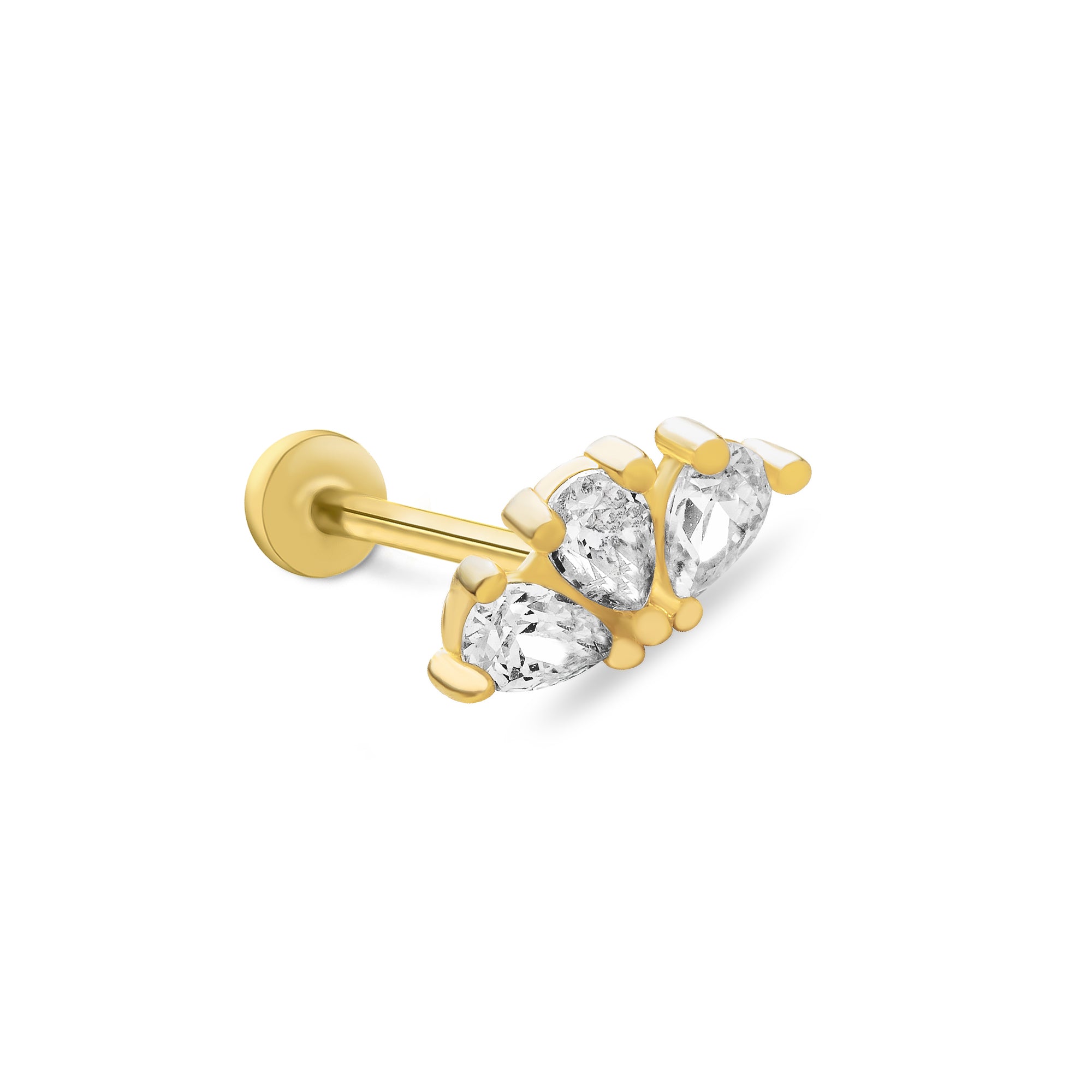 Flower stud piercing earring with clear zircons - 14K Solid Yellow Gold