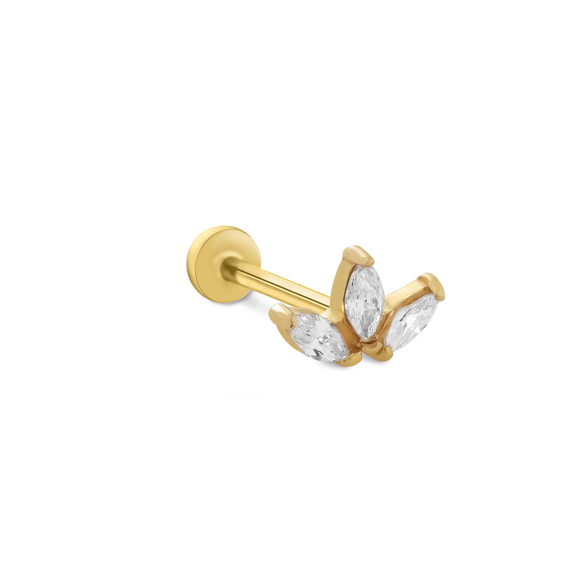 Mini lotus stud piercing earring with clear zircons - 14K Solid Yellow Gold
